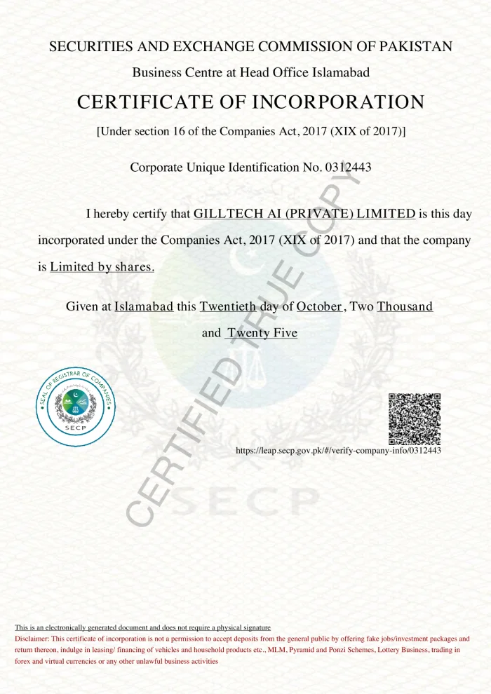 SECP certificate of incorporation for GillTech AI Private Limited